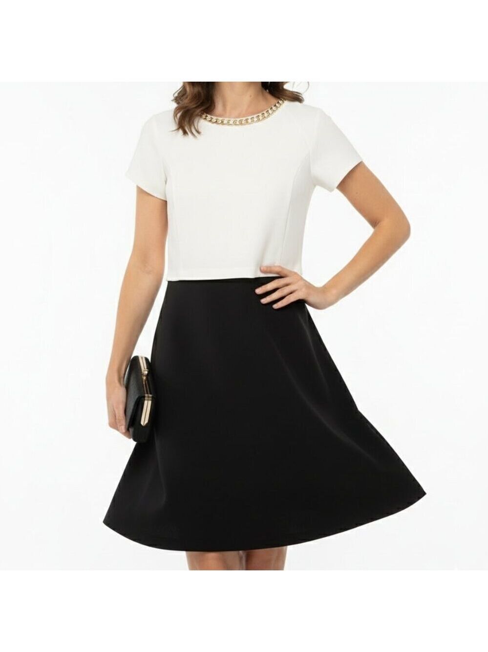 *Ted Baker Ailia Double Layer Black & White Dress with Gold Chain – Size 0